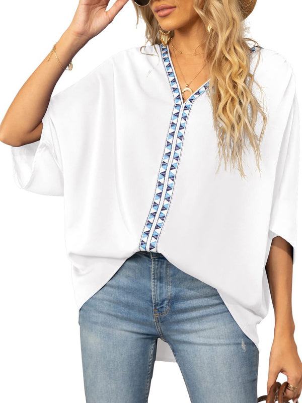 Women's V-neck Dolman Sleeve Top With Trim