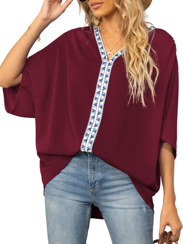 Women's V-neck Dolman Sleeve Top With Trim