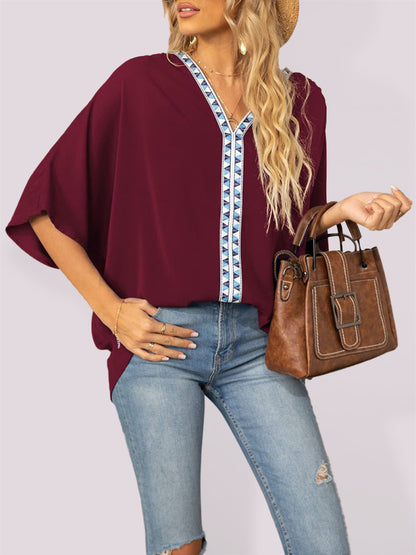 Women's V-neck Dolman Sleeve Top With Trim