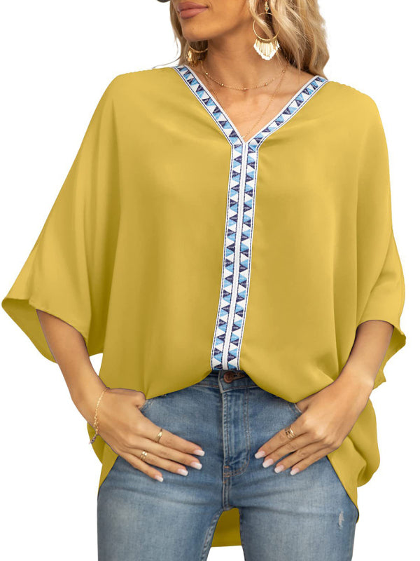 Women's V-neck Dolman Sleeve Top With Trim