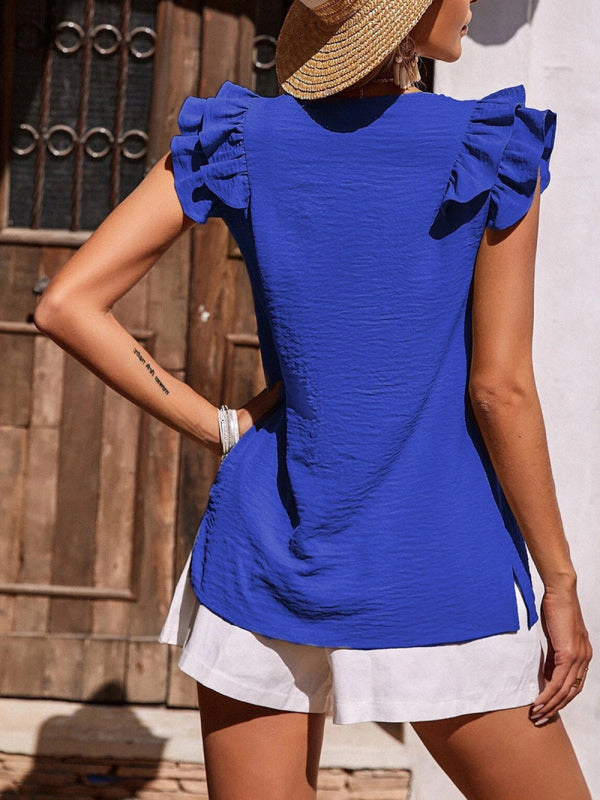 Women's Casual V Neck Ruffle Tank Top Summer Sleeveless Shirt