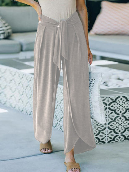 Loose Slacks Belt Knotted Wide-Leg Pants Knitted Trousers