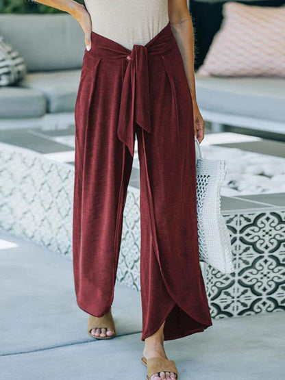 Loose Slacks Belt Knotted Wide-Leg Pants Knitted Trousers