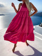 Ruched Solid Color Swing Skirt Beach Vacation Dress