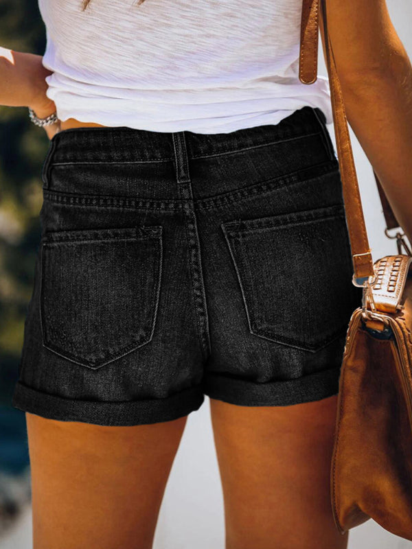 Women's Stretch Mid Rise Denim Shorts with Holes