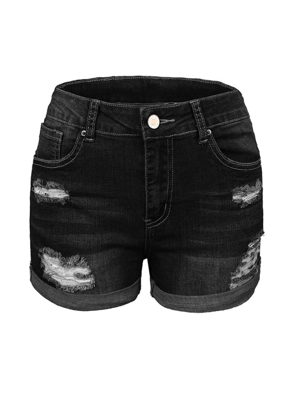 Women's Stretch Mid Rise Denim Shorts with Holes