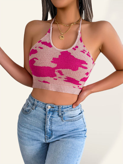 Women's Sexy Cow Pattern Waist Sling Cropped Knitted Sweater