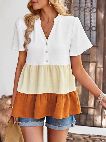 Women's Short Sleeve Color Block Tiered Split-neck Top