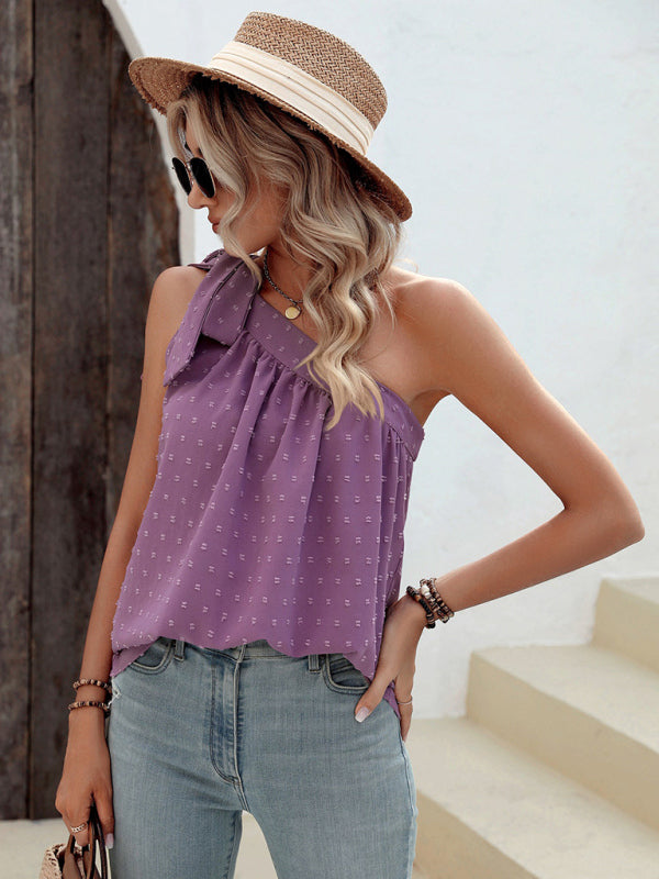 Slanted Shoulder Bow Top Loose Sleeveless Shirt Top