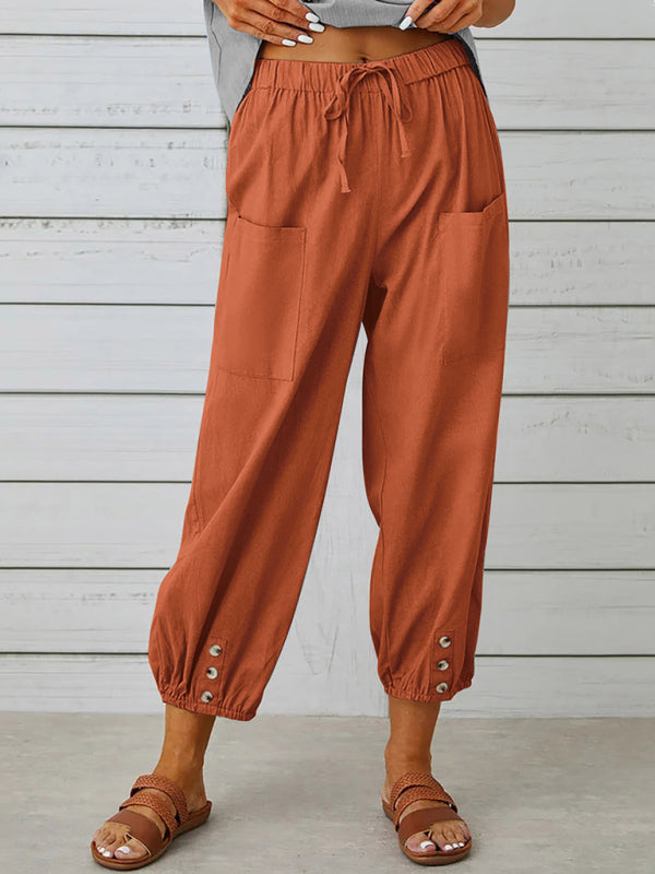 Loose high-waisted button-down cotton and linen cropped trousers wide-leg women's trousers