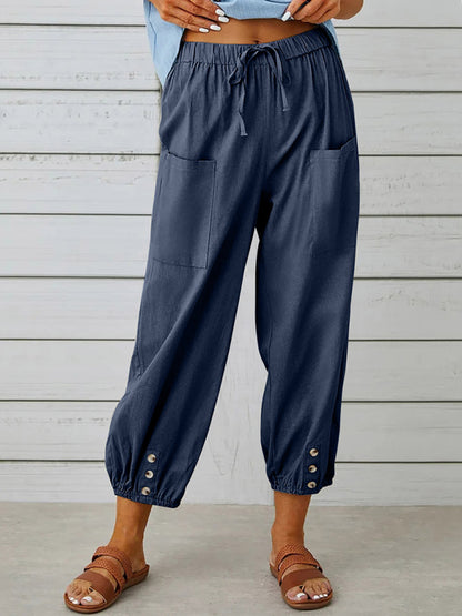 Loose high-waisted button-down cotton and linen cropped trousers wide-leg women's trousers