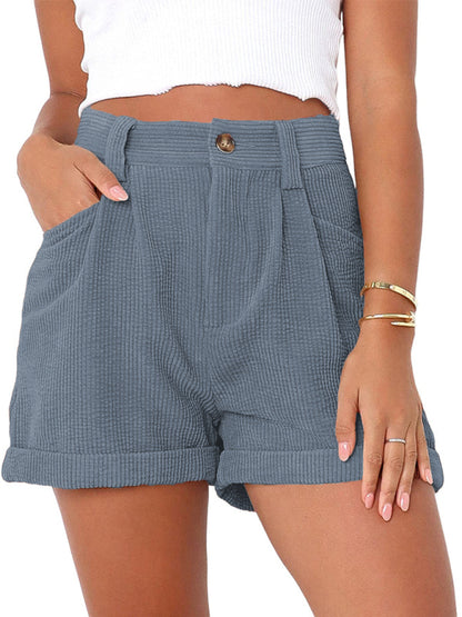 Women's Casual Pants High Waist Solid Color Corduroy Loose Shorts