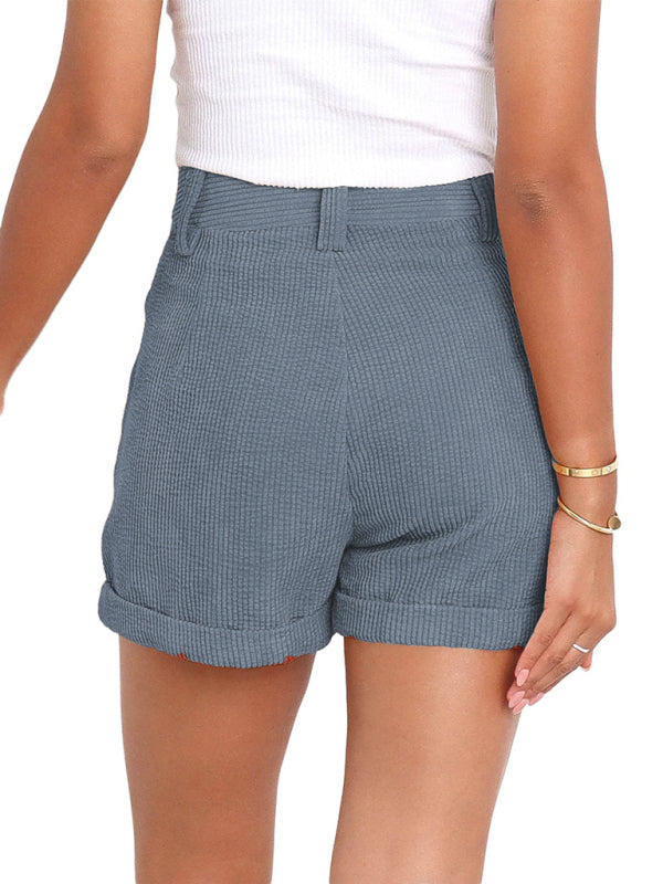 Women's Casual Pants High Waist Solid Color Corduroy Loose Shorts