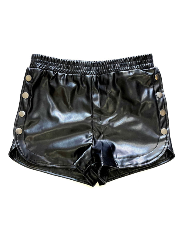 Side Button PU Leather Shorts High Waist Solid Color Slit Shorts