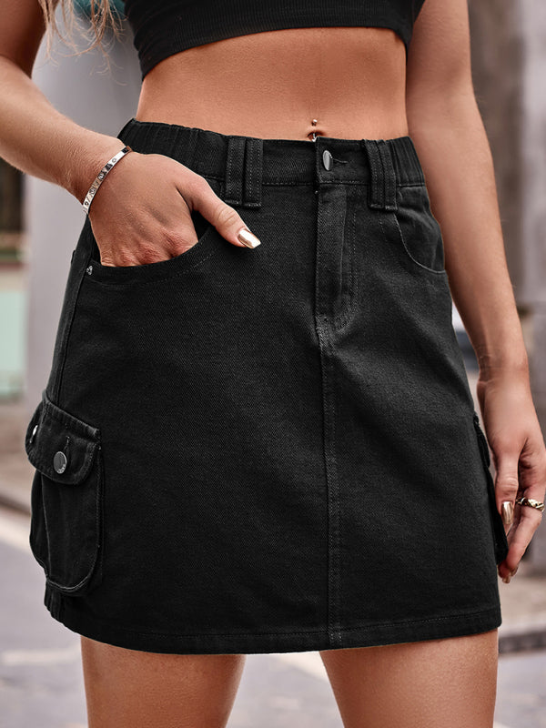 New elastic waist denim work dress casual skirt
