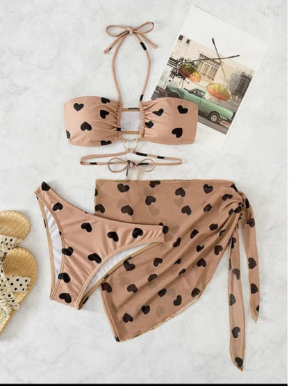 Women's love print two-piece bikini three-piece set