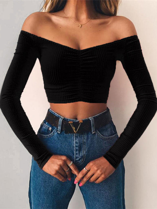 Women's navel cropped cropped slim-fit off-shoulder long-sleeved top