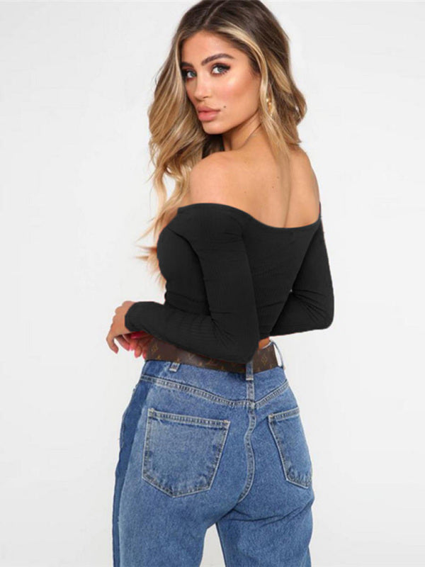 Women's navel cropped cropped slim-fit off-shoulder long-sleeved top