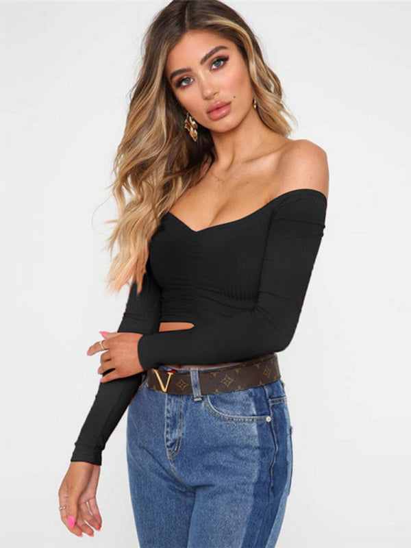 Women's navel cropped cropped slim-fit off-shoulder long-sleeved top