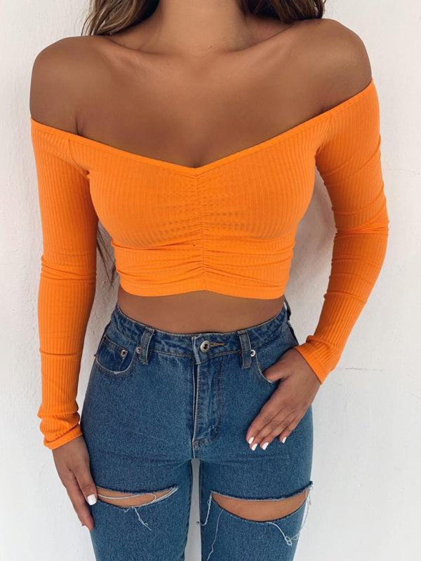 Women's navel cropped cropped slim-fit off-shoulder long-sleeved top