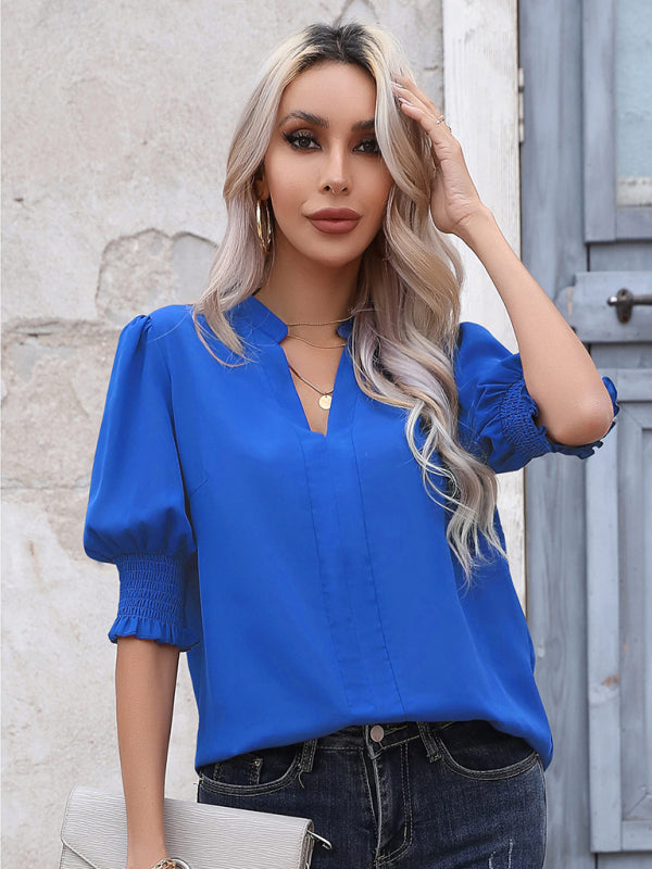 Women's OL temperament commuting solid color V-neck chiffon shirt