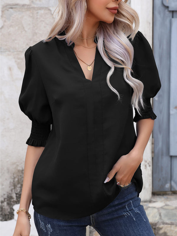 Women's OL temperament commuting solid color V-neck chiffon shirt