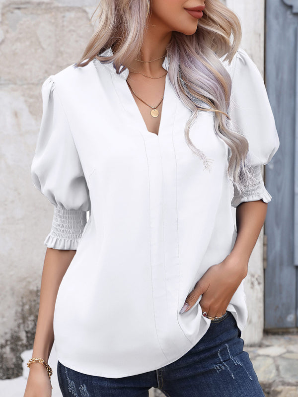 Women's OL temperament commuting solid color V-neck chiffon shirt