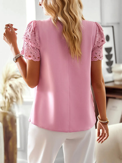 Women's Solid Color Layer Flutter Sleeve Key-hole Cutout Top