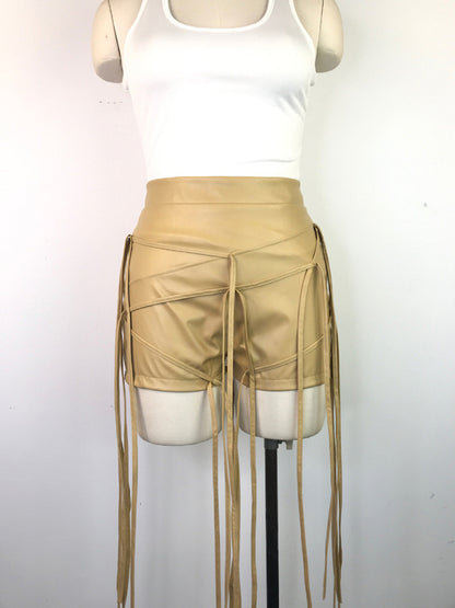 Sexy PU leather pants INS style leather rope braided low waist shorts