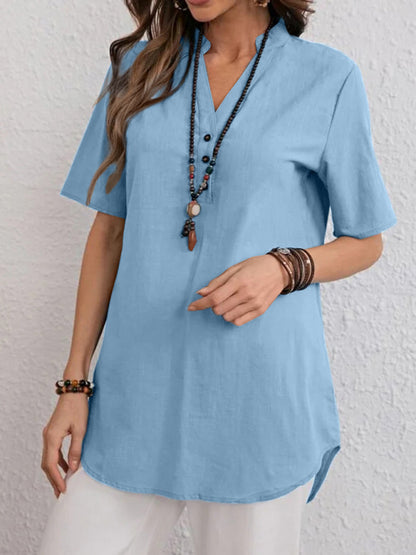 Women's Solid Color V-neck Short Sleev Top