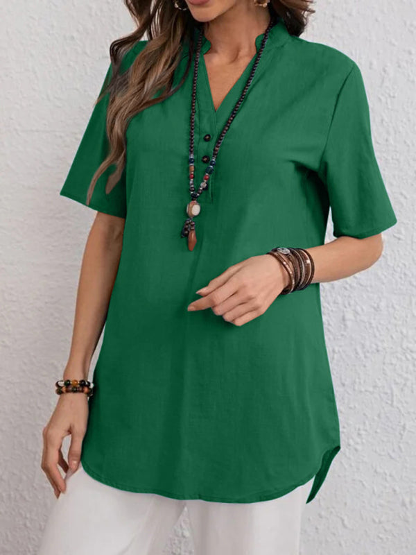 Women's Solid Color V-neck Short Sleev Top