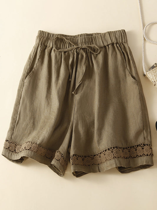 Women's woven cotton linen hollow lace loose shorts