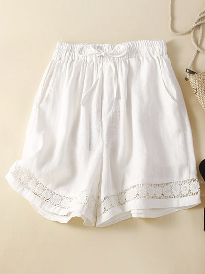 Women's woven cotton linen hollow lace loose shorts