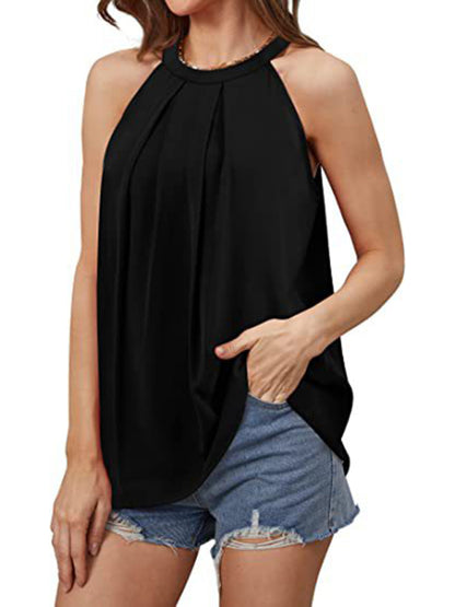 Women's Solid Color Halter Neck Pleated Sleeveless Tank Top