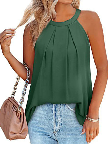 Women's Solid Color Halter Neck Pleated Sleeveless Tank Top
