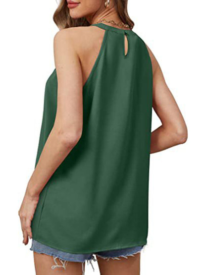 Women's Solid Color Halter Neck Pleated Sleeveless Tank Top