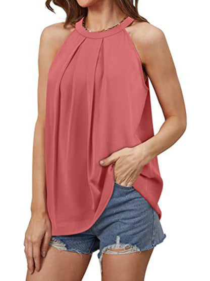 Women's Solid Color Halter Neck Pleated Sleeveless Tank Top