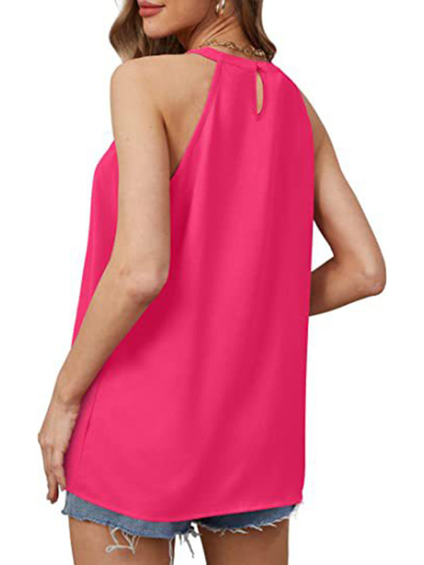 Women's Solid Color Halter Neck Pleated Sleeveless Tank Top