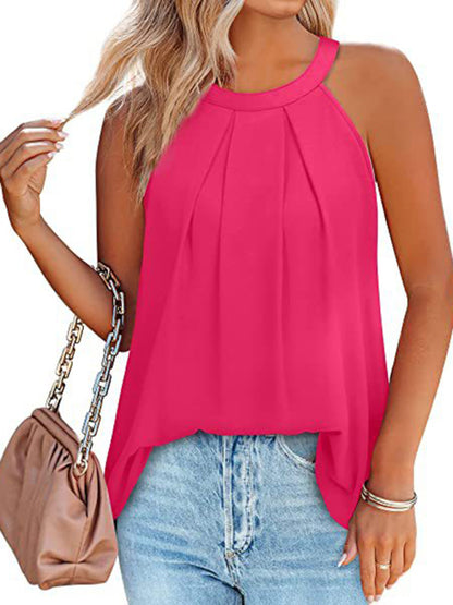 Women's Solid Color Halter Neck Pleated Sleeveless Tank Top