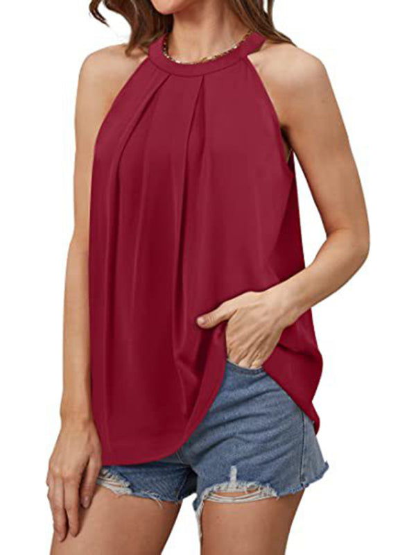 Women's Solid Color Halter Neck Pleated Sleeveless Tank Top