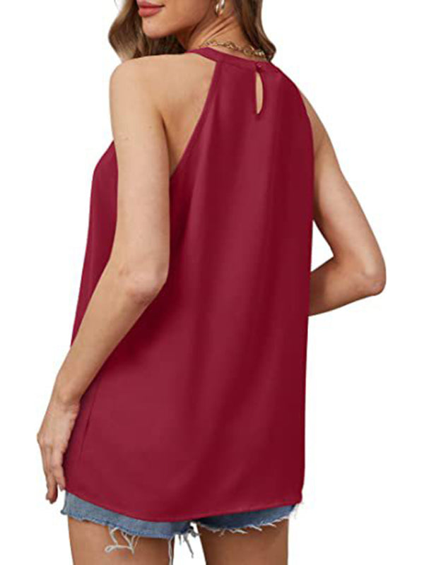 Women's Solid Color Halter Neck Pleated Sleeveless Tank Top