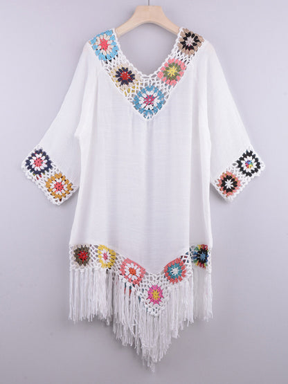 Three-quarter sleeve chain link flower splicing irregular tassel anti-sun blouse ethnic style dress