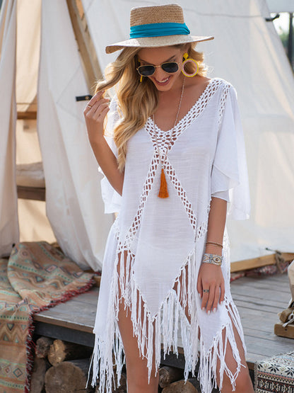 New style hand hook splicing sun protection top jacket tassel irregular bikini beach cover-up