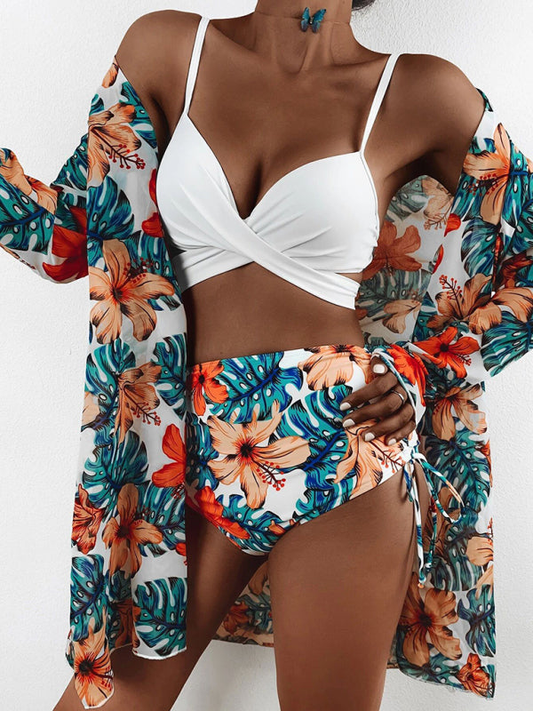 Women's sexy sling mesh print split high waist three-piece swimsuit