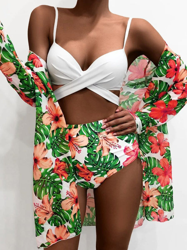 Women's sexy sling mesh print split high waist three-piece swimsuit