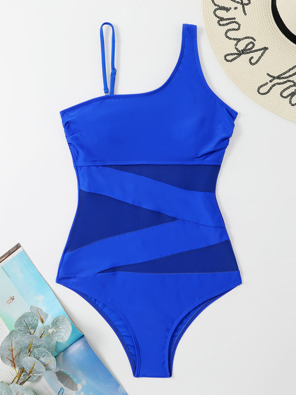 Splicing gauze one-piece swimsuit women's oblique shoulder bikini