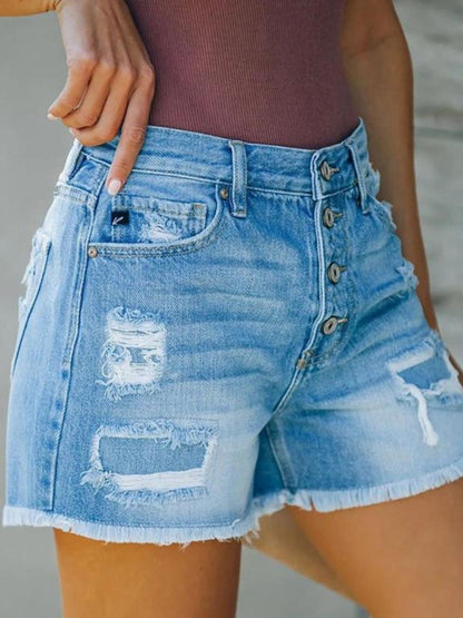 New style ripped patch tassel personality one-row button denim shorts hot pants