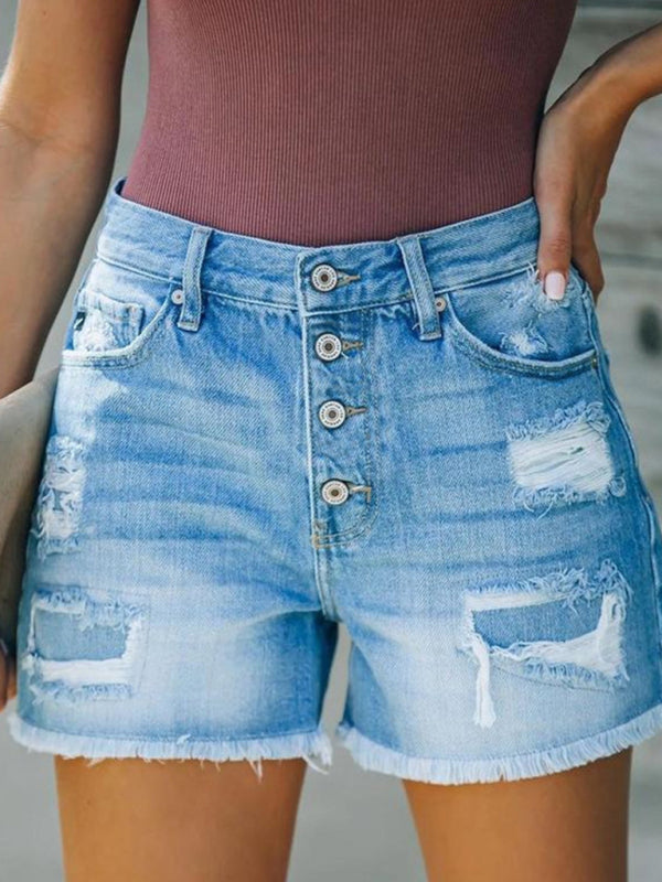 New style ripped patch tassel personality one-row button denim shorts hot pants