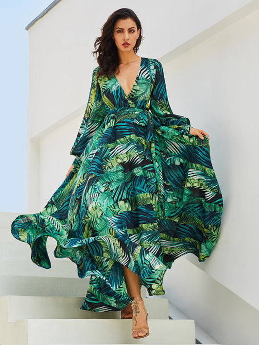 Women's Lantern Sleeve V Neck Tie Leaf Print Swing Dress