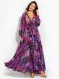 Women's Lantern Sleeve V Neck Tie Leaf Print Swing Dress